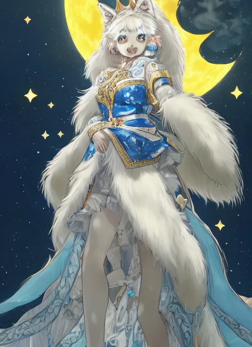 Image similar to commissioned full body portrait of a female anthro wolf princess fursona with a furry wolf head and white hair wearing a blue and gold Japanese armored dress in a white and gold palace on a starry night with a large crescent moon, by a professional manga illustrator, Stanley Artgerm Lau, WLOP, Rossdraws, James Jean, Andrei Riabovitchev, Marc Simonetti, and Sakimichan, trending on artstation