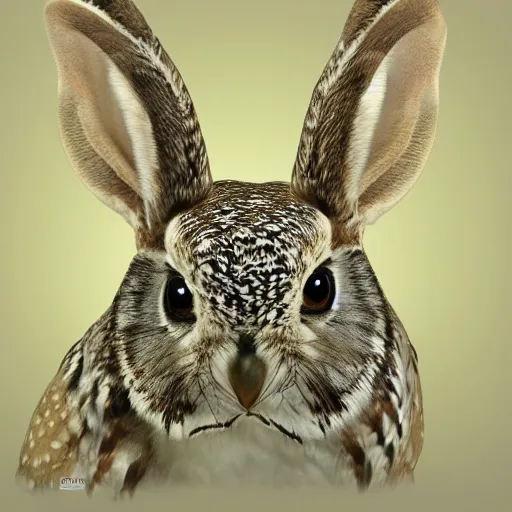 Prompt: hybrid of a rabbit and owl, photorealistic, highly detailed, studio lighting, national geographic