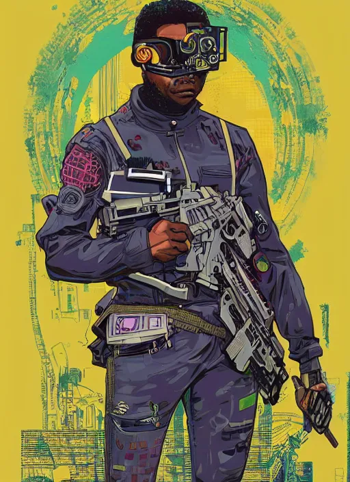 Image similar to chidi igwe. cyberpunk hacker in tactical jumpsuit. portrait illustration, pop art, splash painting, art by geof darrow, ashley wood, alphonse mucha, makoto shinkai