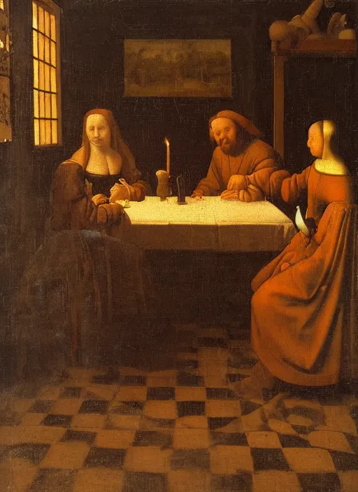 Image similar to a candlelit table at the inn, evening, dark room, two people sitting at the table, swirling smoke, dark smoke, realistic, in the style of leonardo da vinci, dutch golden age, amsterdam, medieval painting by jan van eyck, johannes vermeer, florence