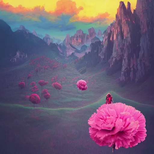 Image similar to giant carnation flower as a head, girl hiking in the dolomites, surreal photography, sunrise, dramatic light, impressionist painting, colorful clouds, digital painting, artstation, simon stalenhag