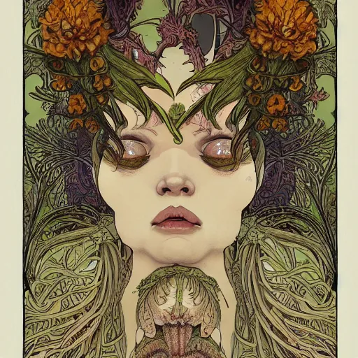 Image similar to a beautiful detailed front view portrait of a rotten woman corpse with fractal plants and fractal flowers and mushrooms growing around, symmetrical, ornate, ornamentation, illustration, in the style of art nouveau, mucha