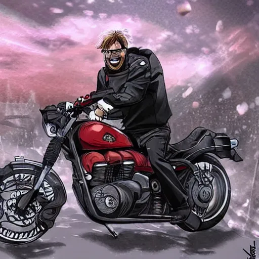 Prompt: jurgen klopp riding a motorcycle through a post - apocalyptic landscape, epic, anime, manga