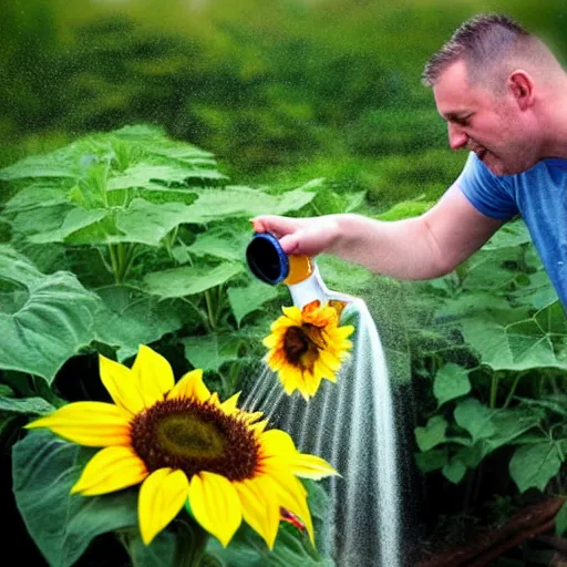 Prompt: a realistic photograph of Crazy Dave watering a Sunflower