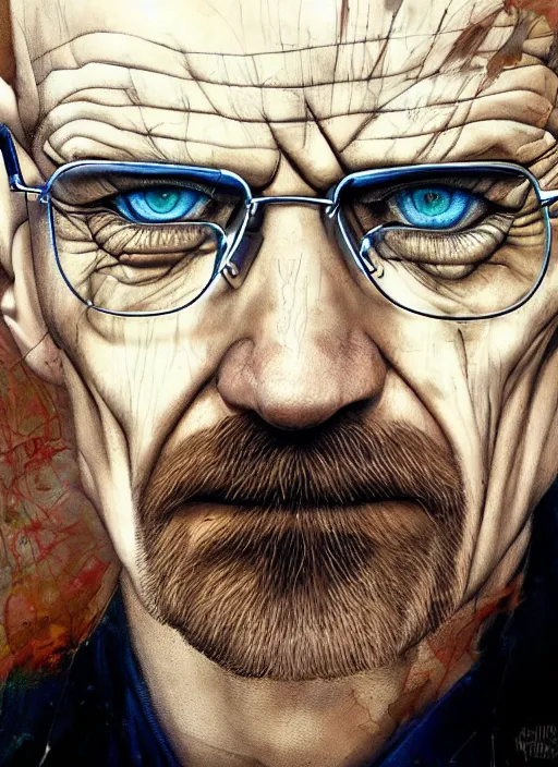 Prompt: a Demon Slayer portrait of Walter White, tall, pale-skinned, crystal blue eyes, chromatic aberration, by Stanley Artgerm, Tom Bagshaw, Arthur Adams, Carne Griffiths, trending on Deviant Art, street art, face enhance, chillwave, maximalist, full of color, glittering