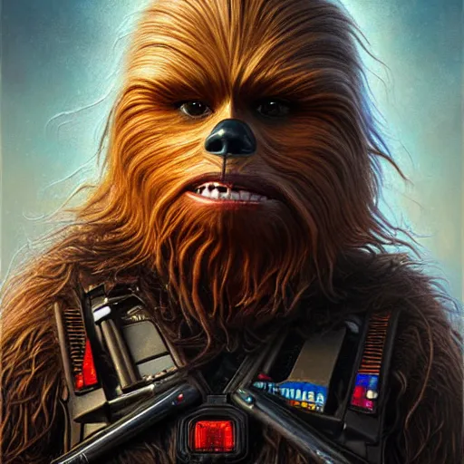 Image similar to hyper detailed masterpiece, chewbacca portrait jean giraud, digital art painting, darkwave goth aesthetic, psychedelic, artgerm, donato giancola, tom bagshaw