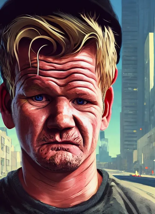 Image similar to Highly detailed full-body portrait of homeless Gordon ramsay, in GTA V, Stephen Bliss, unreal engine, fantasy art by Greg Rutkowski, Loish, Rhads, Makoto Shinkai and Lois van baarle, ilya kuvshinov, rossdraws global illumination, radiant light, detailed and intricate environment