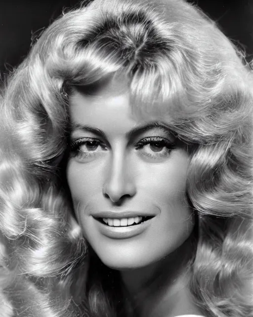 Image similar to 2 8 mm closeup portrait of a beautiful young farrah fawcett with long blonde wind blown hair in a photo studio, rim lighting, glamour pose!!!, hyper realistic, soft lighting, art frahm, pinup, hd, octane, arney freytag!!!, 1 9 4 5