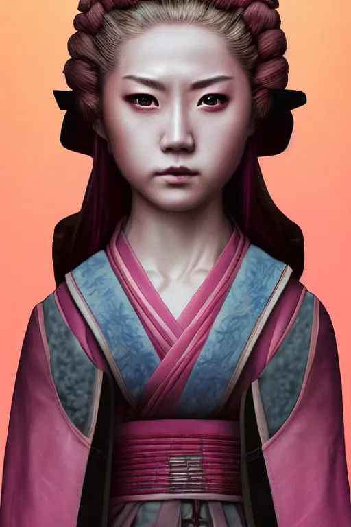 Image similar to highly detailed beautiful photo of a young female samurai, symmetrical face, beautiful eyes, pink hair, realistic anime art style, 8 k, award winning photo, pastels colours, action photography, 1 / 1 2 5 shutter speed, sunrise lighting