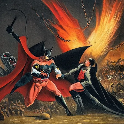 Prompt: 1800s oil painting of Spawn fighting Batman in the pits of hell