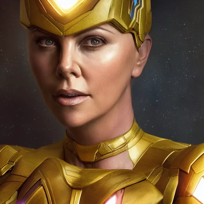 Prompt: portrait of ((Charlize Theron)), wearing The Infinity Gauntlet. SNAP. intricate artwork. octane render, trending on artstation, very coherent symmetrical artwork. thanos. thanos. cinematic, hyper realism, high detail, octane render, 8k, iridescent accents