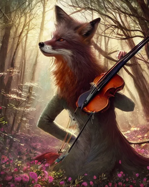 Image similar to Fox playing violin in magical forest, portrait, wearing hat, magical notes, fairy atmosphere, magic the gathering artwork, D&D, fantasy, cinematic lighting, centered, symmetrical, highly detailed, digital painting, artstation, concept art, smooth, sharp focus, illustration, volumetric lighting, epic Composition, 8k, art by Akihiko Yoshida and Greg Rutkowski and Craig Mullins, oil painting, cgsociety