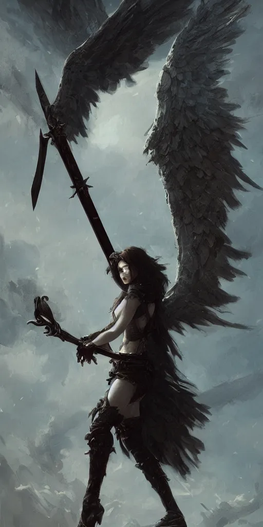 Image similar to Fallen angel holding a sword, artstation, detailed, dark fantasy, digital art, beautiful composition, masterpiece by Greg Rutkowski