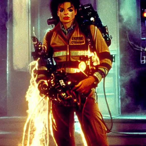 Image similar to stunning awe inspiring michael jackson with a highly detailed face as a ghostbuster in the movie ghostbusters, movie still 8 k hdr atmospheric lighting