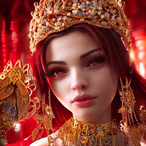 Image similar to wonderful princess with smooth fair skin, alluring eyes, red jewelry, breathtaking, elegant, intricate, ornate backdrop, hyper detailed, accent lighting, 4 k glamour photography, octane render