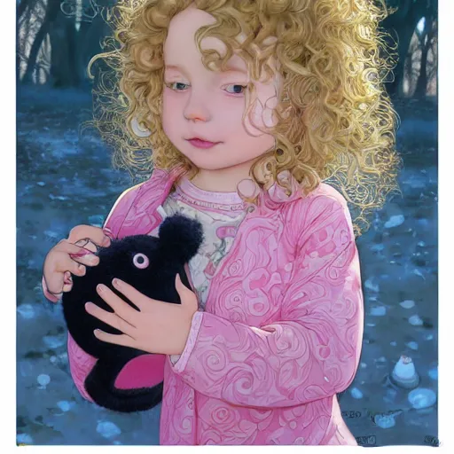 Prompt: a beautiful [[[[[happy]]]]] little blonde toddler girl with short loosely curly hair, at the park on a beautiful day, holding a round all-pink stuffed penguin, by Dan Mumford, Junji Murakami, Mucha Klimt, Hiroshi Yoshida and Craig Mullins, featured on Artstation, CGSociety, Behance HD, Deviantart