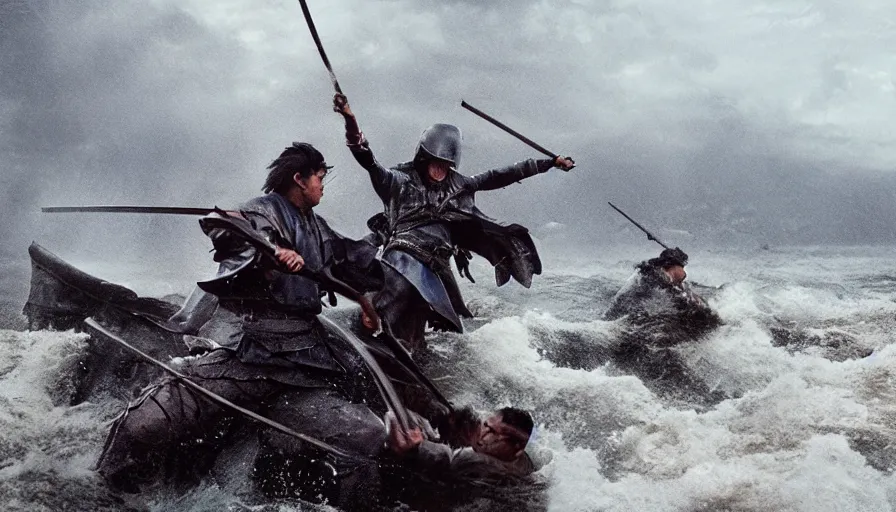 Prompt: cinestill 5 0 d epic photographic environment by steven spielberg of large scale samurai battle in treacherous waters, flooded city, wide shot, moody emotional cinematic, pouring iridescent rain bright spotlight helicopter, 8 k, hd, high resolution, 3 5 mm, f / 3 2, ultra realistic faces,