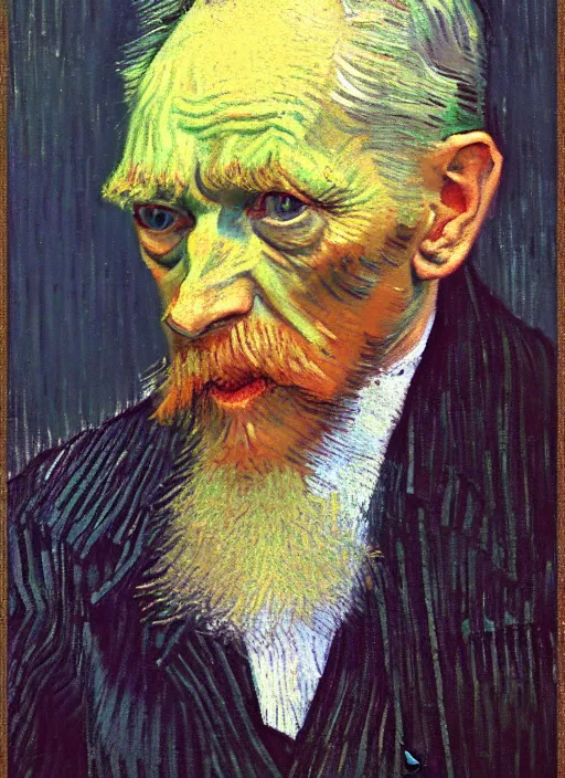 Prompt: portrait of a tired old man in a chair, detailed realism face in painting, detailed beautiful portrait, expressionist oil painting masterpiece, 8 k resolution, smooth, sharp focus, pastel color palette, trending on artstation, by van gogh