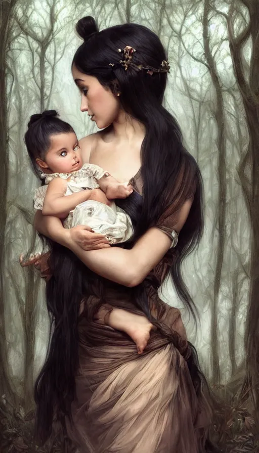 Prompt: unique cottagecore Ariana Grande holding a baby, black Hair, dark forest, intricate, elegant, highly detailed, digital painting, artstation, concept art, smooth, sharp, focus, illustration, art by artgerm and greg rutkowski and alphonse mucha