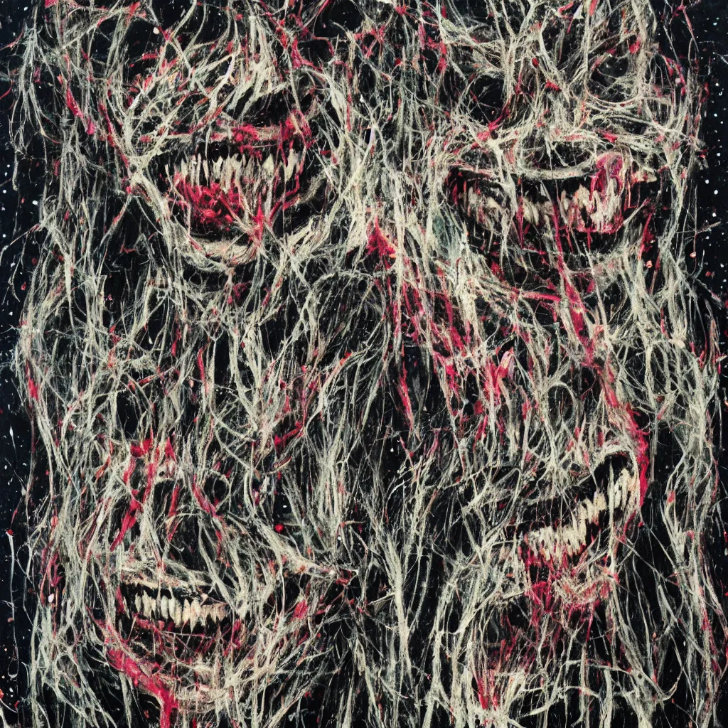 Image similar to camo made of teeth, smiling, abstract, francis bacon artwork, cryptic, dots, spots, stipple, lines, splotch, color tearing, pitch bending, faceless people, dark, ominous, eerie, hearts, minimal, points, technical, old painting, neon colors