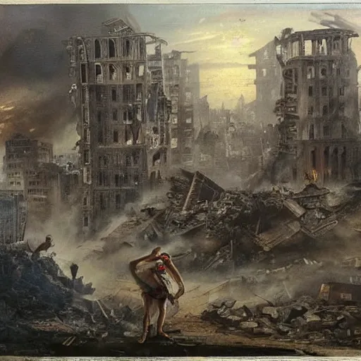 Image similar to a city is getting destroyed and buildings and palaces are collapsing a man from higher elevation looking at city while fire is everywhere and dead bodies and broken buildings are everywhere detailed