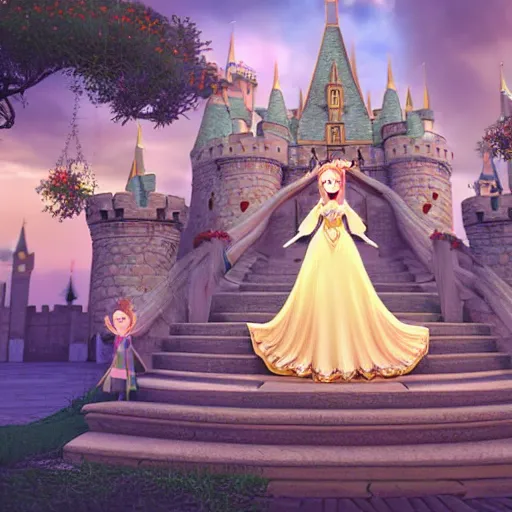 Image similar to a pleasant, beautiful, funny, smooth 3D CG render, semirealistic anime style, a noble priestess magician princess girl wearing dress and jewelry, in a glorious magic kingdom with castle and walls, relaxing calm vibes, fairytale, octane render