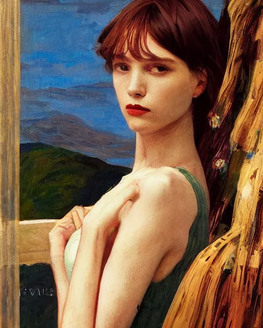 Image similar to a highly - detailed painting by john william waterhouse and vogue magazine and ilya kuvshinov and edward hopper and annie leibovitz of a modern 2 0 1 0 s fashion photography portrait