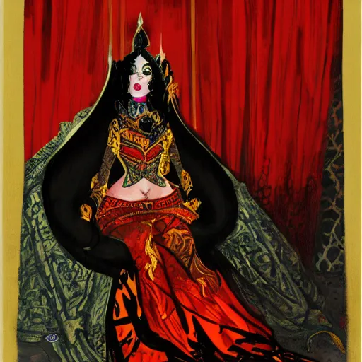 Image similar to an illustration of a dark queen on a throne, oriental, arabic, at night by marc davis, realistic, gouache, painting