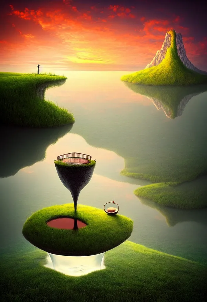 Prompt: a surreal landscape at sunset with a immense gigantic ornated iron chalice cup with a lake inside, water in excess droping by gediminas pranckevicius