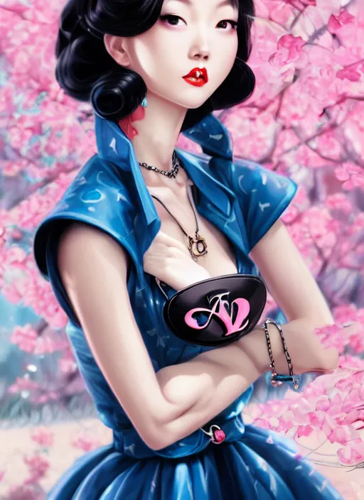 Image similar to a pin up and beautiful fashion dreamlke japan girl with lv jewelry, character art, art by artgerm, wlop, loish, hyperdetailed, 8 k realistic, symmetrical, global illumination, radiant light, frostbite 3 engine, cryengine, dof, trending on artstation, digital art, chanel, dior, detailed background