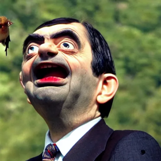 Image similar to angry mr. bean with his mouth wide open flapping his bird wings, thousands of little mr. beans are chasing him, fear panic, restlessness