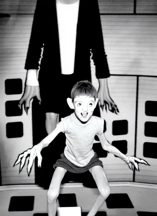 Image similar to creepy realistic scary gangly goblin monster invades the set of a 9 0's childrens tv gameshow, grainy black and white surveillance