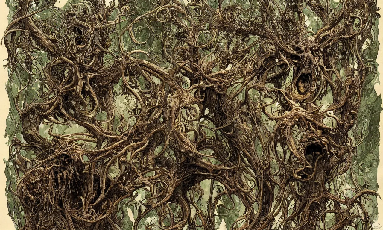 Image similar to hyperdetailed art nouveau portrait of treebeard as a cthulhu eyeball skull dragon chimera, by geof darrow, simon bisley and bill sienkiewicz, grim yet sparkling atmosphere, photorealism, claws, skeleton, antlers, fangs, forest, wild, crazy, horror, lynn varley, lovern kindzierski, steve oliff