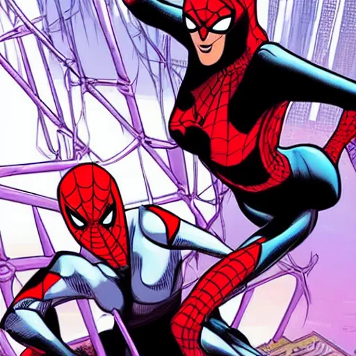 Prompt: very beautiful spiderwoman fights bandits