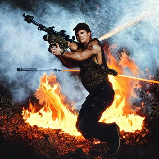 Prompt: Rambo shooting flames out of a flamethrower, moonlight, burning trees, burning computers on the floor, very vey very detailed face, very very very realistic face, real picture, 8K, action movie scene