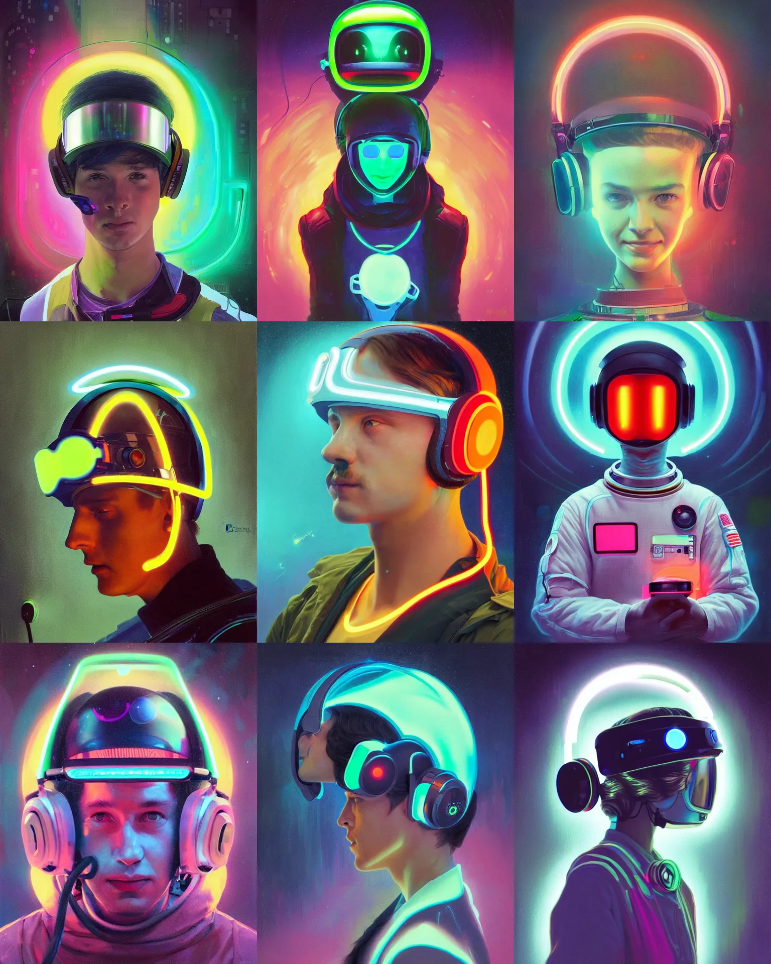 Prompt: future coder looking on, glowing visor over eyes and sleek neon headphones, neon accents, desaturated headshot portrait painting by ilya repin, dean cornwall, rhads, tom whalen, alex grey, alphonse mucha, astronaut cyberpunk electric fashion photography