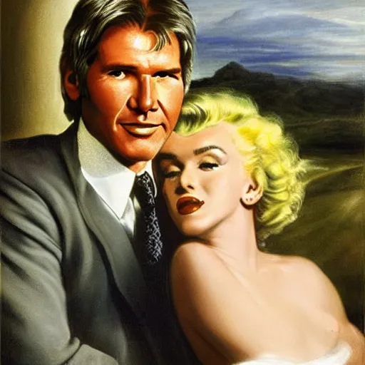 Image similar to a beautiful portrait of Harrison ford and his secretary Marilyn Monroe with long golden blond curly hair gazing warmly at the viewer, golden hour, cool tones, pale skin, by Peter Paul Rubens