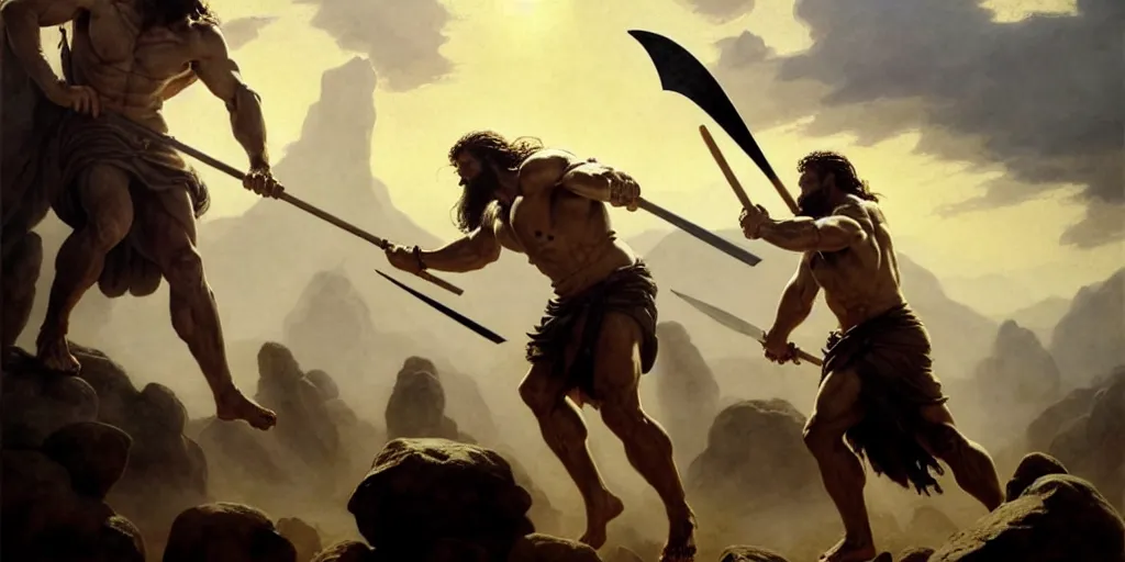 Image similar to realistic painting of biblical Cain with a spear fighting Abel with a scythe, a stone altar with white smoke ascending in the background, masculine and rugged, inspired art by Frazetta + facial symmetry + dramatic volumetric lighting, well lit, 8k octane render, intricate, epic composition, golden hour cinematic lighting + masterpiece, trending on artstation, very detailed, masterpiece, stunning