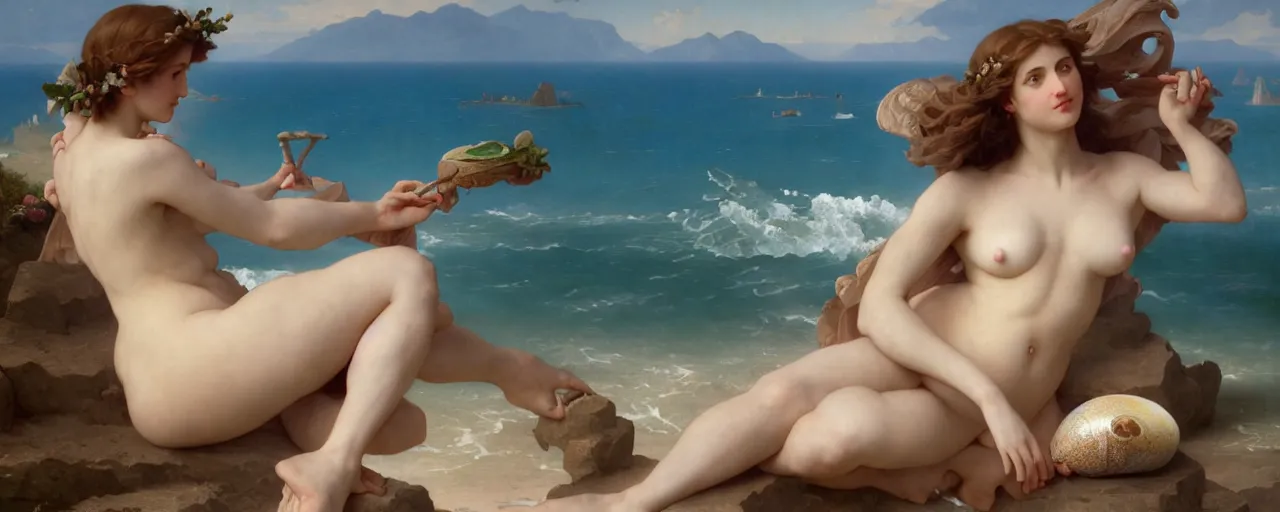 Image similar to Full View of Greek Goddess Aphrodite standing on a pearlescent seashell on a tropical beach with the ocean surf in the background. Masterpiece 4k digital illustration by Ruan Jia and Mandy Jurgens and Artgerm and William-Adolphe Bouguereau, award winning, Artstation, art nouveau aesthetic, Gustave Dore' background, intricate details, realistic, panoramic view, Hyperdetailed, 8k resolution, intricate art nouveau, smooth, sharp focus - 768