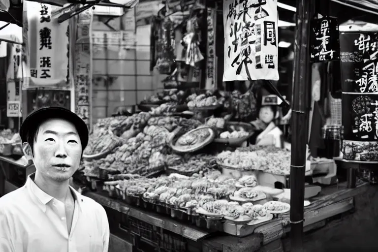 Prompt: still photo of a japanese street vendor, black and white color aesthetic, highly detailed, photorealistic portrait, bright studio setting, studio lighting, crisp quality and light reflections, unreal engine 5 quality render