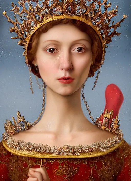 Image similar to closeup medieval jan van eyck face portrait of a fairytale princess wearing a crown eating cakes in the castle, bikini, depth of field, zeiss lens, detailed and intricate environment, fashion photoshoot by nicoletta ceccoli, mark ryden, lostfish, breathtaking, 8 k resolution, extremely detailed, beautiful, establishing shot, artistic, hyperrealistic, octane render