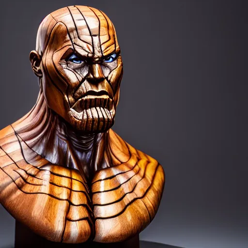 Image similar to a completely made of wood, real - world sculpture bust of the thanos marvel character, made of highly polished walnut wood, polished, cedar, polished tiger - wood. photograph, photographic, 3 5 mm