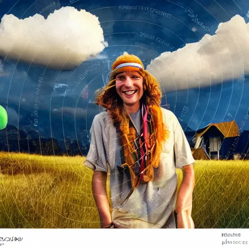 Image similar to smiling hippy, balloon journey, pulp adventure, flying camp, dark moody night sky, fluffy clouds of subtle opacity, cozy cabin, flying high, gradient aperture