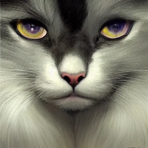 Prompt: a big dark old menacing, yellow eyed, grey cat with white belly, white paws and white face markings with long fur and fluffy tail sitting, intricate, elegant, highly detailed, digital painting, artstation, concept art, matte, sharp focus, illustration, art by Artgerm and Greg Rutkowski and Alphonse Mucha