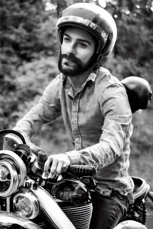 Prompt: a portrait of a handsome man in a motorcycle