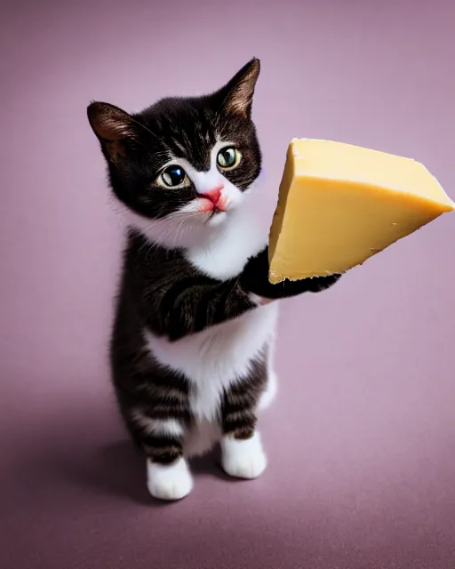 Image similar to high quality presentation photo of a cute model cat dressed as napoleon holding a piece of cheese, photography 4k, f1.8 anamorphic, bokeh, 4k, Canon, Nikon