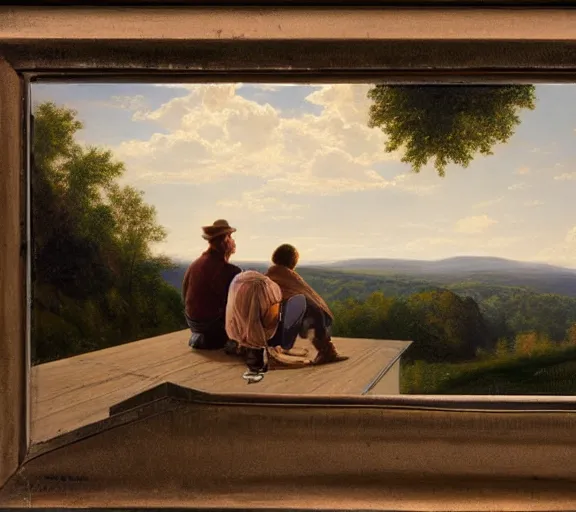 Image similar to landscape portrait of a couple sitting on a roof, looking over west virginia, smoking cigarettes, by william sidney mount, trending on artstation