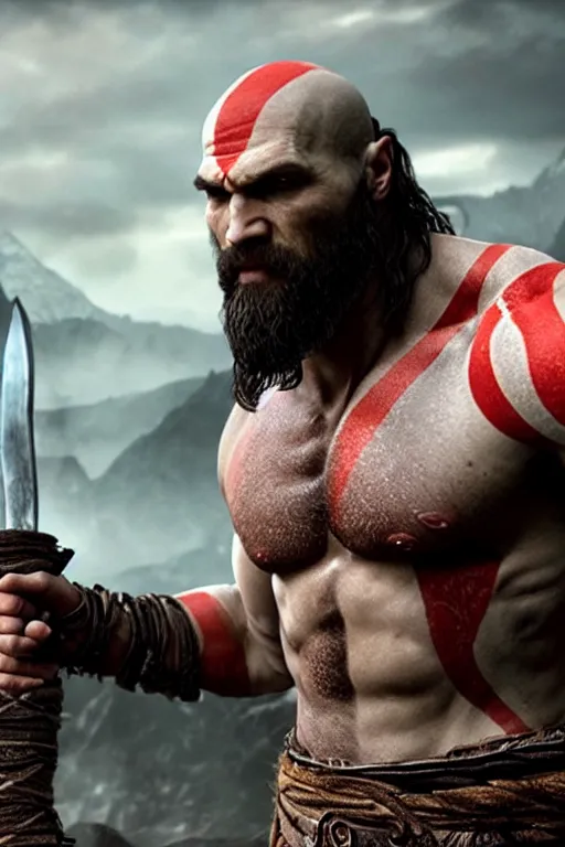 Image similar to film still from god of war, a highly detailed beautiful closeup photo of jason momoa!! kratos with long! windblown wet hair! holding a sword and fighting zombies on a pile of human skulls, spartan warrior, olympian god, muscular!!!, masculine confident pose, ambient lighting, volumetric lighting, octane, fantasy