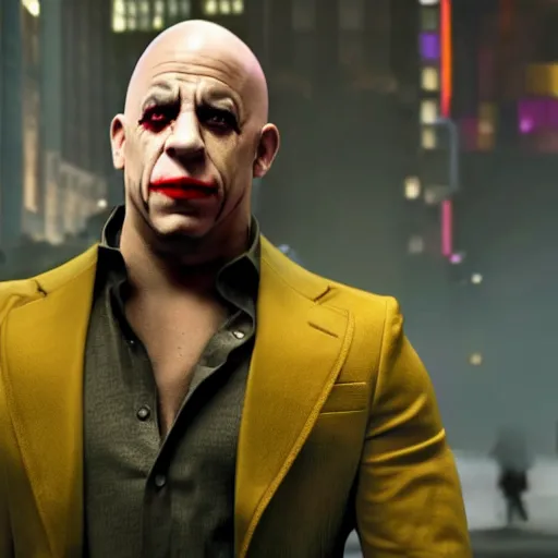 Image similar to vin diesel as the joker, rendered in unreal engine