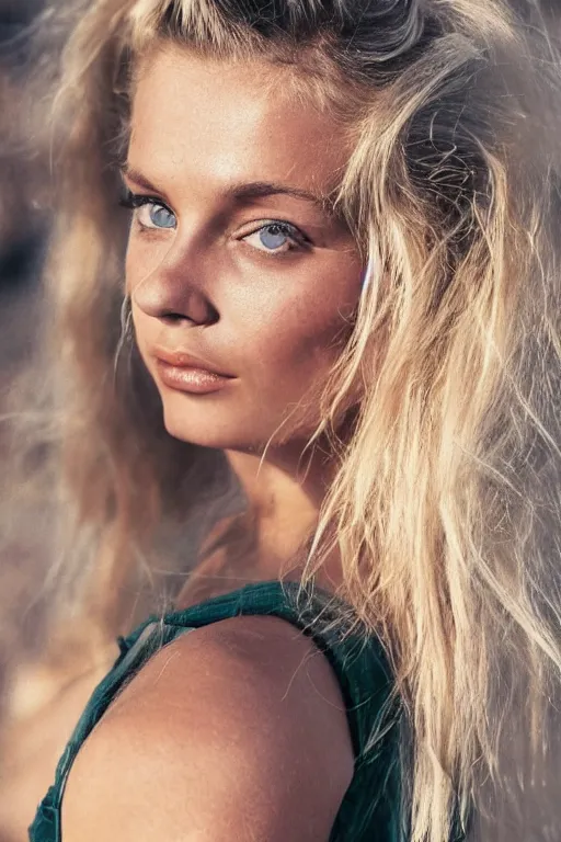 Image similar to vintage photograph of an olive skinned blonde female model in her twenties, her hair pinned up, wearing a designer top, looking content, focused on her neck, photo realistic, extreme detail skin, natural beauty, no filter, slr, golden hour, 4 k, high definition, selfie